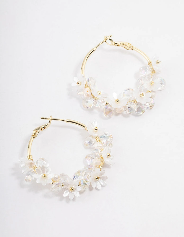 Gold Plated Freshwater Pearl Diamante Flower Hoop Earrings