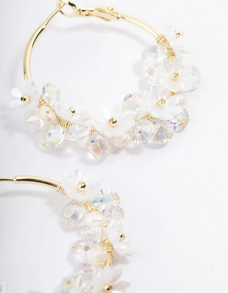 Gold Plated Freshwater Pearl Diamante Flower Hoop Earrings