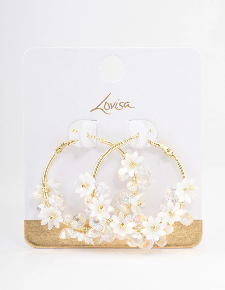 Gold Plated Freshwater Pearl Diamante Flower Hoop Earrings