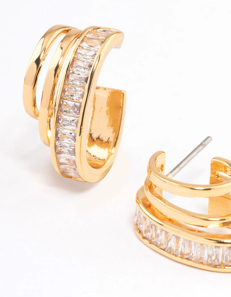 Gold Plated Cubic Zirconia Illusion Layered Hoop Earrings