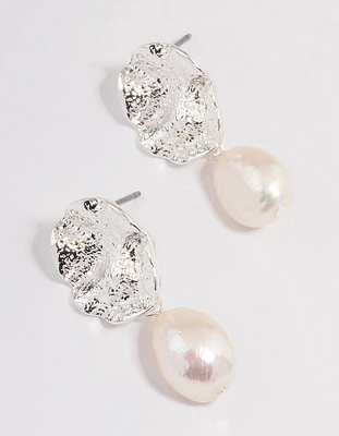 Silver Plated Crater Freshwater Pearl Drop Earrings