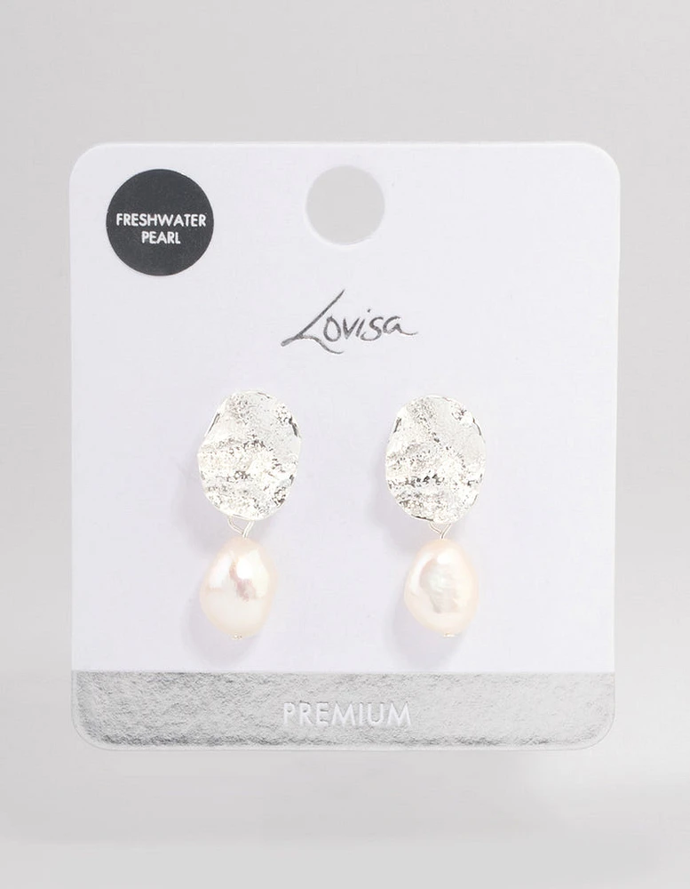 Silver Plated Crater Freshwater Pearl Drop Earrings