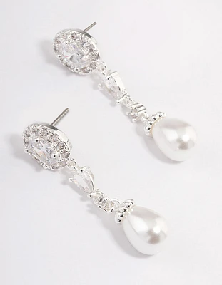 Silver Plated Cubic Zirconia Halo Pearl Drop Earrings
