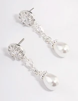 Silver Plated Cubic Zirconia Halo Pearl Drop Earrings