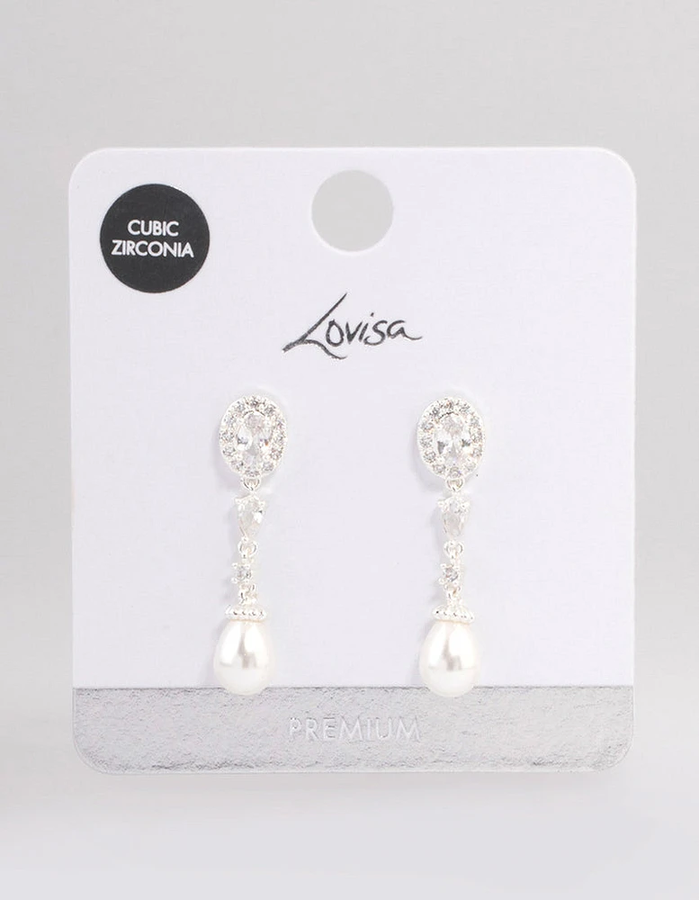 Silver Plated Cubic Zirconia Halo Pearl Drop Earrings