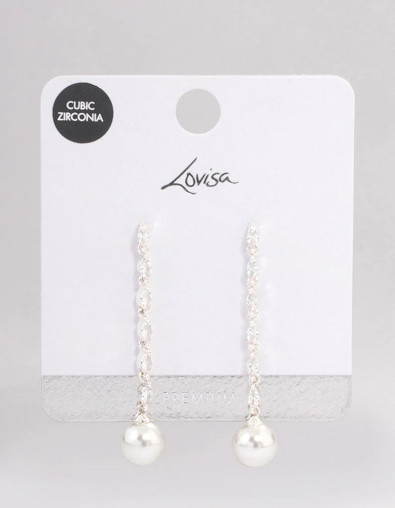 Silver Plated Fine Cubic Zirconia Round Pearl Drop Earrings