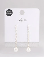 Silver Plated Fine Cubic Zirconia Round Pearl Drop Earrings