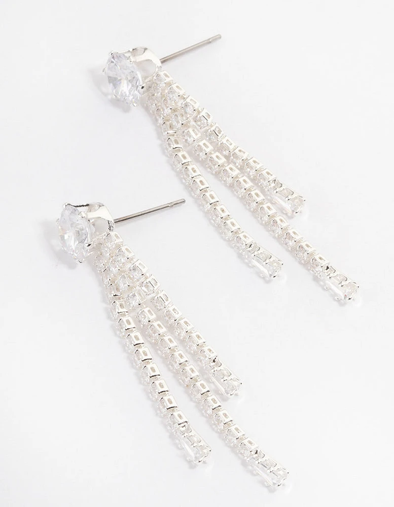 Silver Plated Round Cubic Zirconia Cupchain Drop Earrings