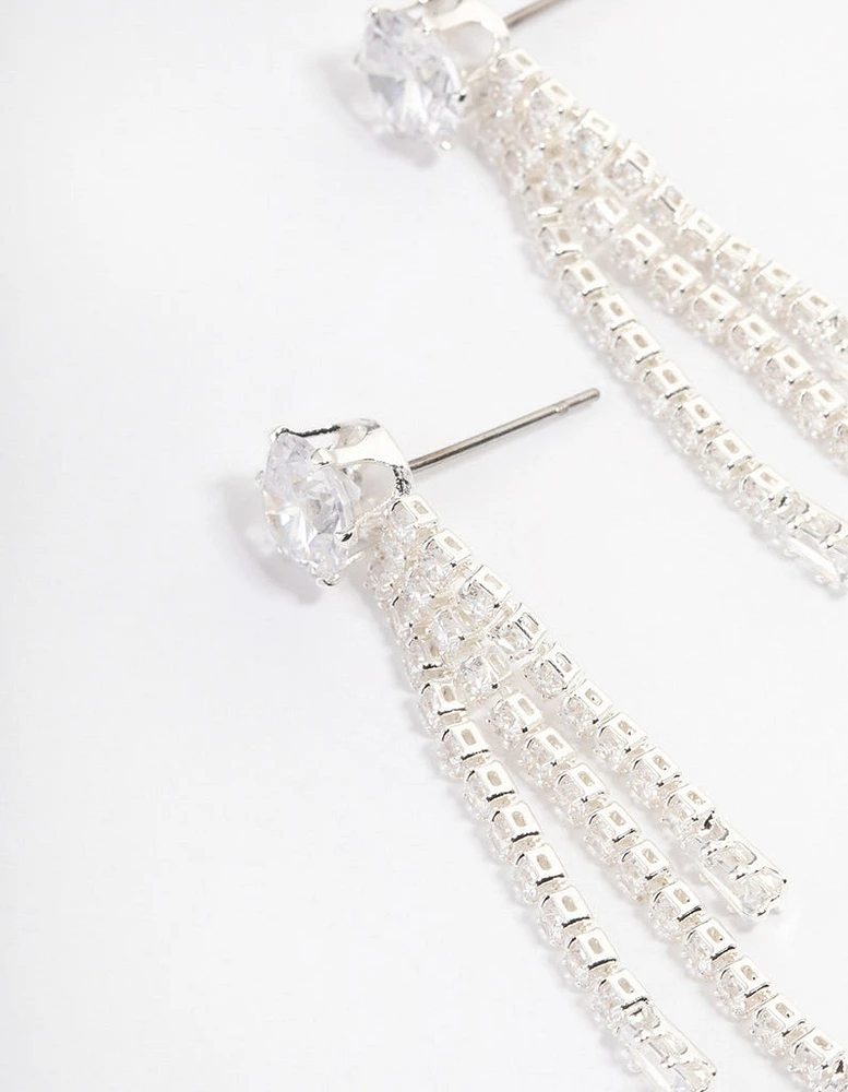 Silver Plated Round Cubic Zirconia Cupchain Drop Earrings