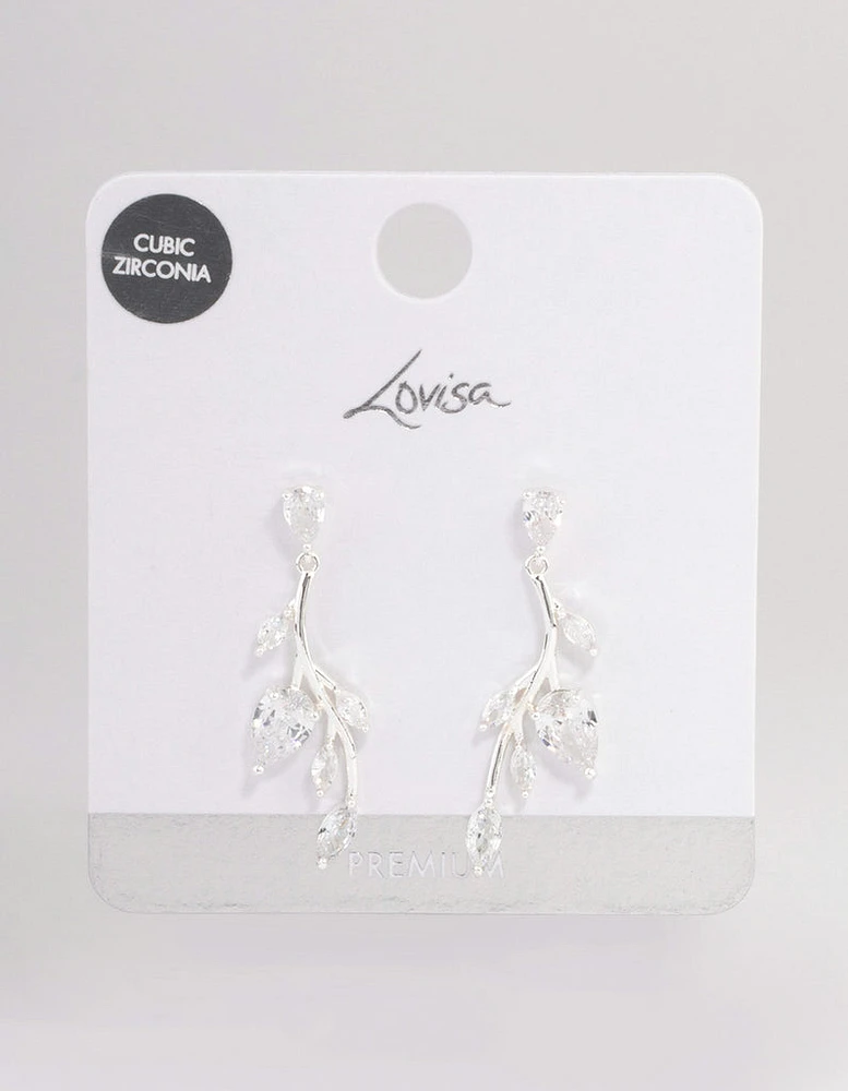 Silver Plated Cubic Zirconia Fern Drop Earrings