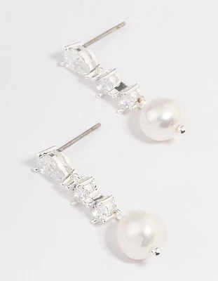 Silver Plated Cubic Zirconia Pearl Small Drop Earrings