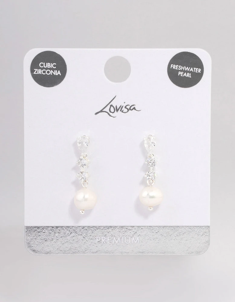 Silver Plated Cubic Zirconia Pearl Small Drop Earrings