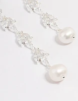 Silver Plated Leaf Pearl Cubic Zirconia Drop Earrings