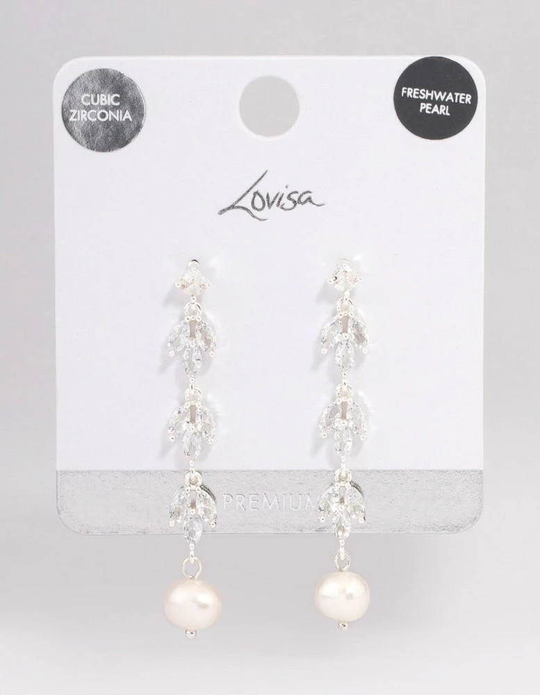 Silver Plated Leaf Pearl Cubic Zirconia Drop Earrings