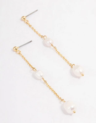 Gold Plated Long Chain Freshwater Pearl Stud Earrings