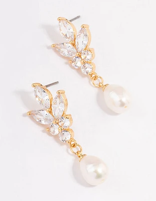 Gold Plated Cubic Zirconia Cluster Freshwater Pearl Drop Earrings