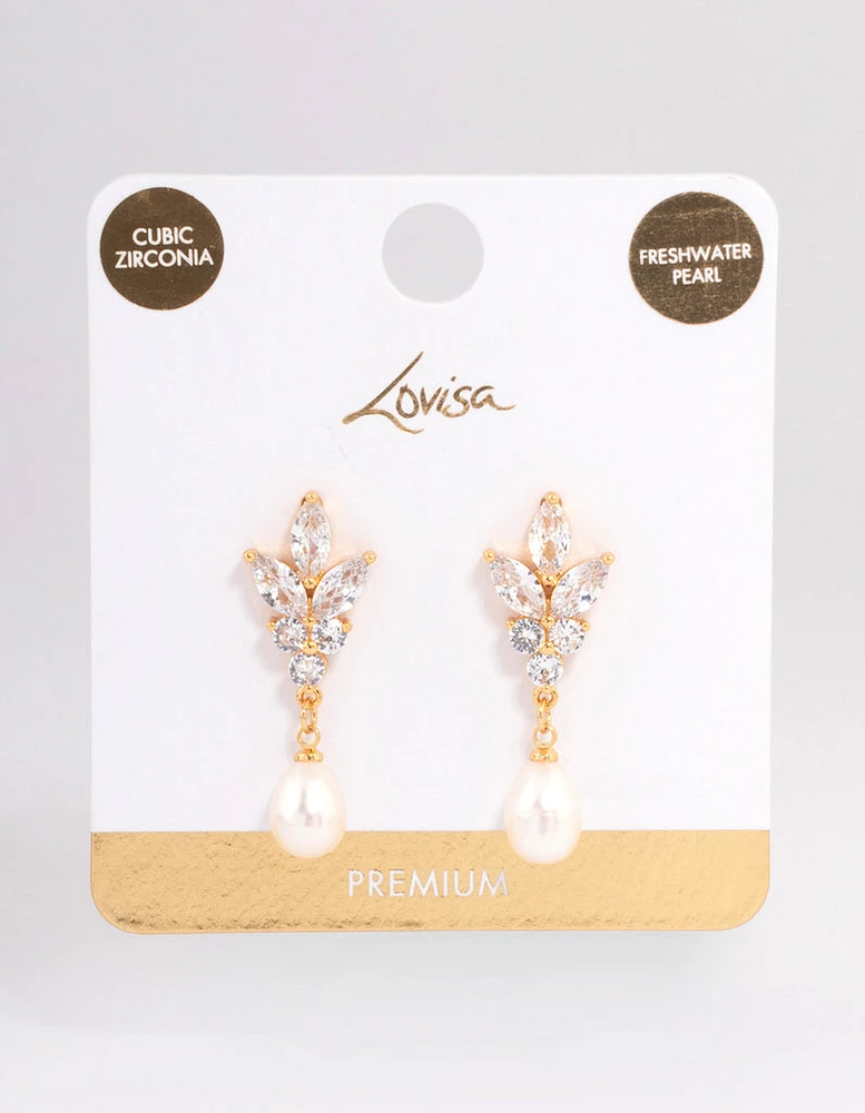 Gold Plated Cubic Zirconia Cluster Freshwater Pearl Drop Earrings