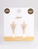 Gold Plated Cubic Zirconia Cluster Freshwater Pearl Drop Earrings