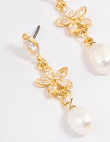 Gold Plated Cubic Zirconia Flower Freshwater Pearl Earrings