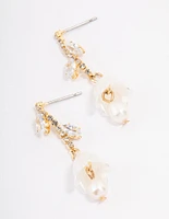 Gold Plated Freshwater Pearl Cubic Zirconia Tulip Drop Earrings