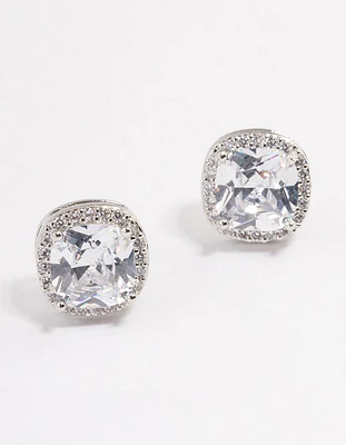 Silver Plated Cubic Zirconia Square Halo Stud Earrings