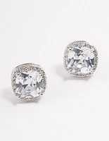 Silver Plated Cubic Zirconia Square Halo Stud Earrings