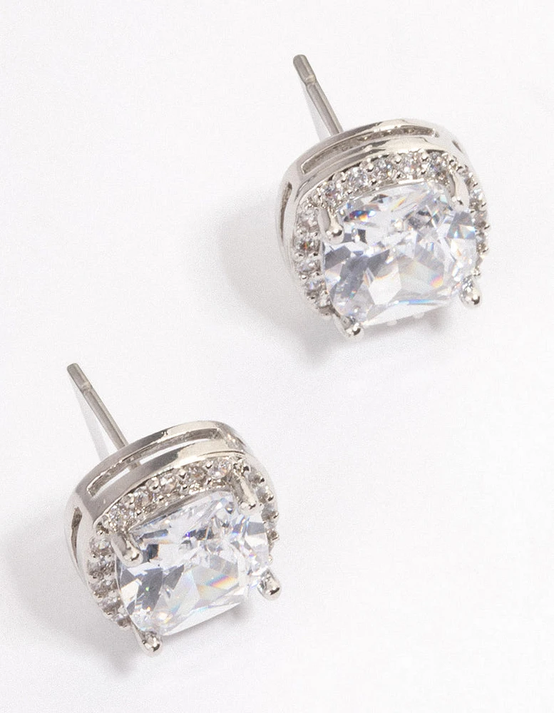 Silver Plated Cubic Zirconia Square Halo Stud Earrings