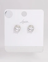 Silver Plated Cubic Zirconia Square Halo Stud Earrings