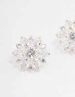 Silver Plated Cubic Zirconia Flower Stud Earrings