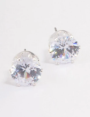 Silver Plated Cubic Zirconia Round Plain Stud Earrings