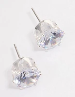 Silver Plated Cubic Zirconia Round Plain Stud Earrings