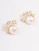 Gold Plated Cubic Zirconia Freshwater Pearl Stud Earrings