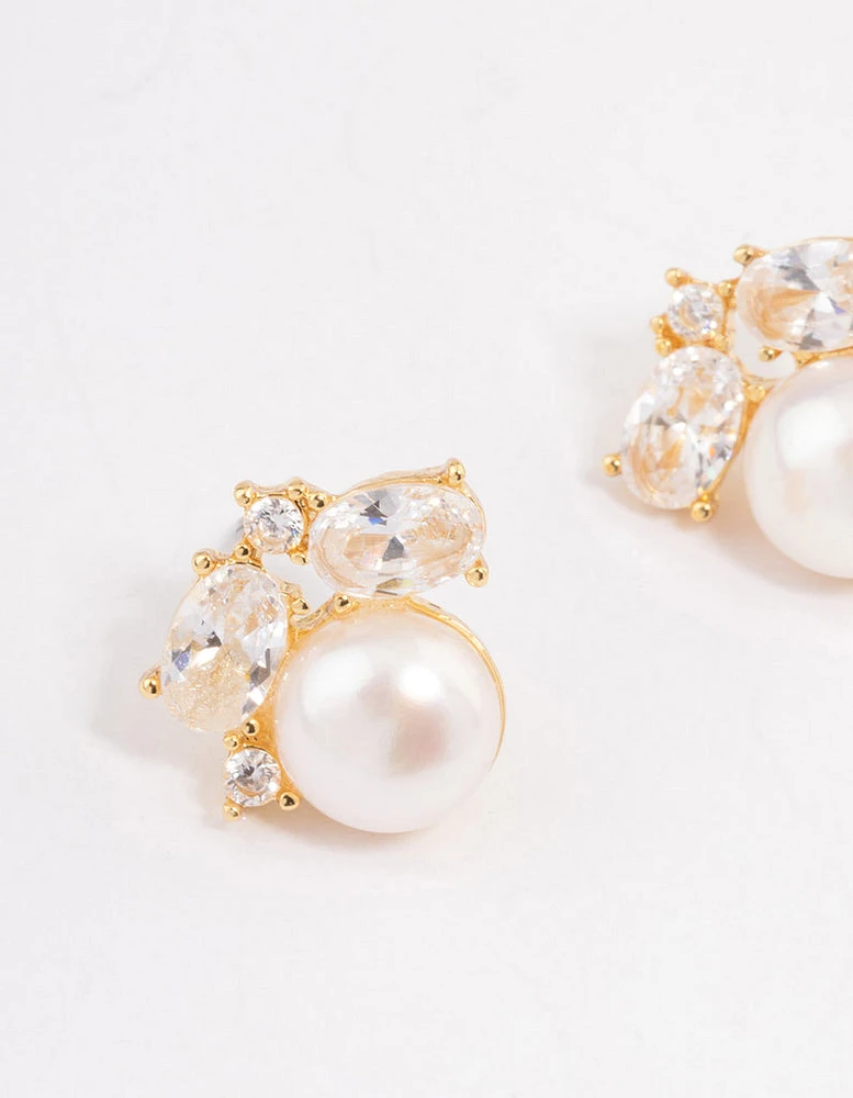 Gold Plated Cubic Zirconia Freshwater Pearl Stud Earrings