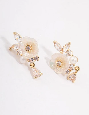Gold Plated Cubic Zirconia Floral Detailed Pearl Earrings