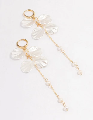 Gold Plated Large Petal Freshwater Pearl Drop Huggie Earrings