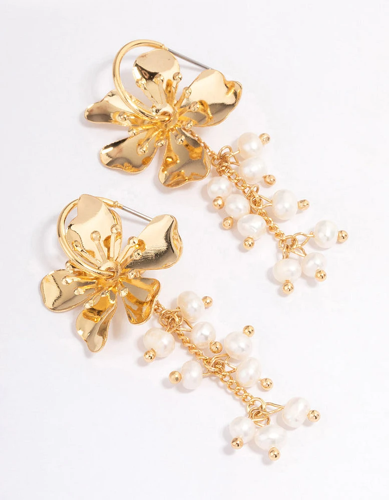 Gold Plated Large Flower Freshwater Pearls Cluster Earrings