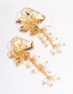 Gold Plated Large Flower Freshwater Pearls Cluster Earrings