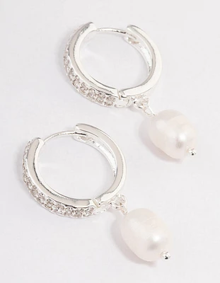 Silver Plated Freshwater Pearl Drop Cubic Zirconia Huggie Earrings