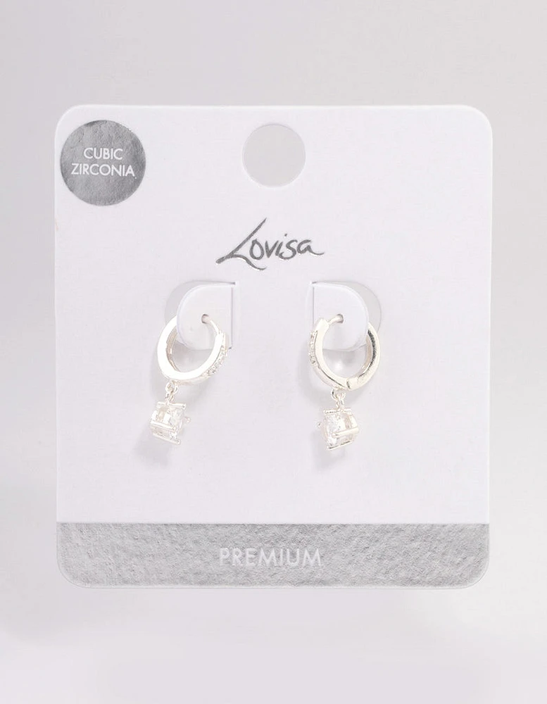 Silver Plated Solitaire Drop Huggie Earrings