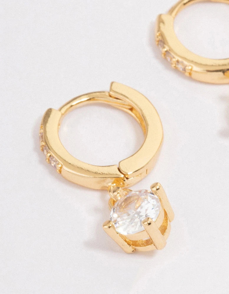 Gold Plated Solitaire Drop Huggie Earrings