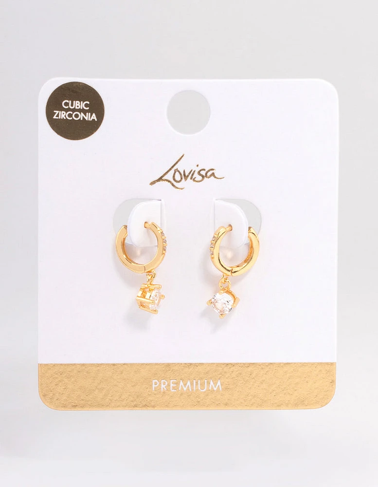 Gold Plated Solitaire Drop Huggie Earrings