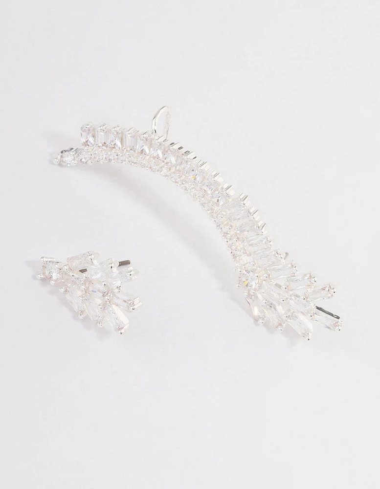 Silver Plated Cubic Zirconia Baguette Cuff Stud Earrings