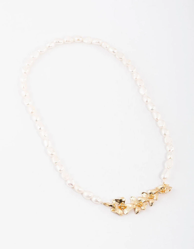 Gold Plated Freshwater Pearl Floral Centre Necklace