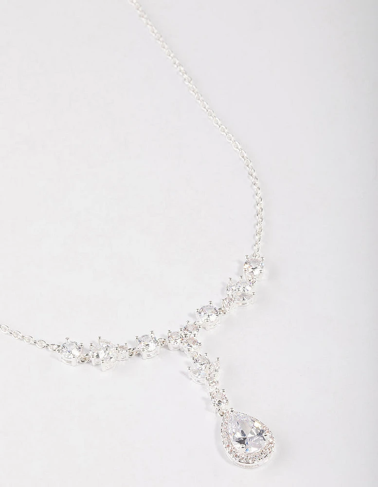 Silver Plated Halo Cubic Zirconia Y-Necklace