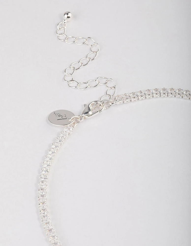 Silver Plated Fine Cubic Zirconia Cupchain Tennis Necklace