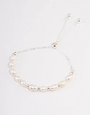 Silver Plated Freshwater Pearl Ball Toggle Bracelet