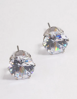 Silver Classic Large Diamante Stud Earrings