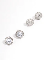 Rhodium Round & Flower Halo Earrings Pack