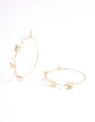 Gold Dainty Butterfly & Pearl Hoop Earrings