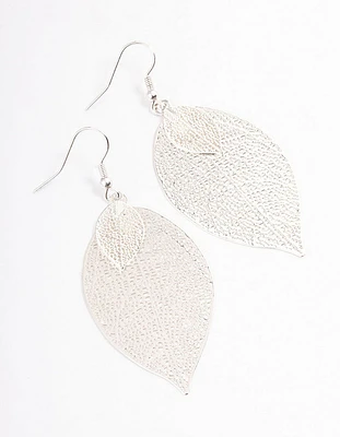 Silver Double Leaf Drop Earrings